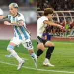 Split-screen image of a soccer match: left side shows a maroon-clad defender chasing the ball as a blue-and-white striped opponent runs beside him; right side shows a maroon-clad attacker dribbling toward the ball with a crowd on the sideline behind.