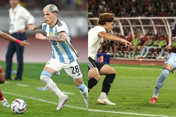 Split-screen image of a soccer match: left side shows a maroon-clad defender chasing the ball as a blue-and-white striped opponent runs beside him; right side shows a maroon-clad attacker dribbling toward the ball with a crowd on the sideline behind.