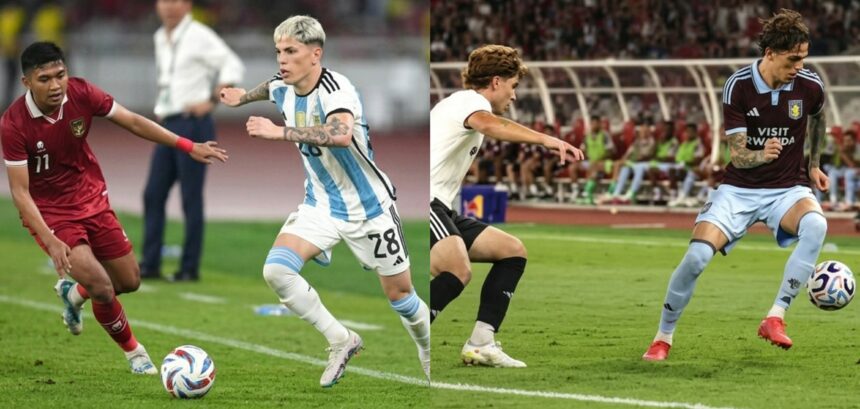 Split-screen image of a soccer match: left side shows a maroon-clad defender chasing the ball as a blue-and-white striped opponent runs beside him; right side shows a maroon-clad attacker dribbling toward the ball with a crowd on the sideline behind.