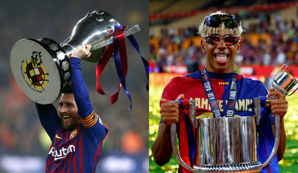 FormatFactoryMessi Yamal La Liga - Mabur.co Left: soccer player lifting a large silver trophy with red and blue ribbons. Right: smiling player with braces and sunglasses holding a tall silver trophy, wearing a red-blue jersey.