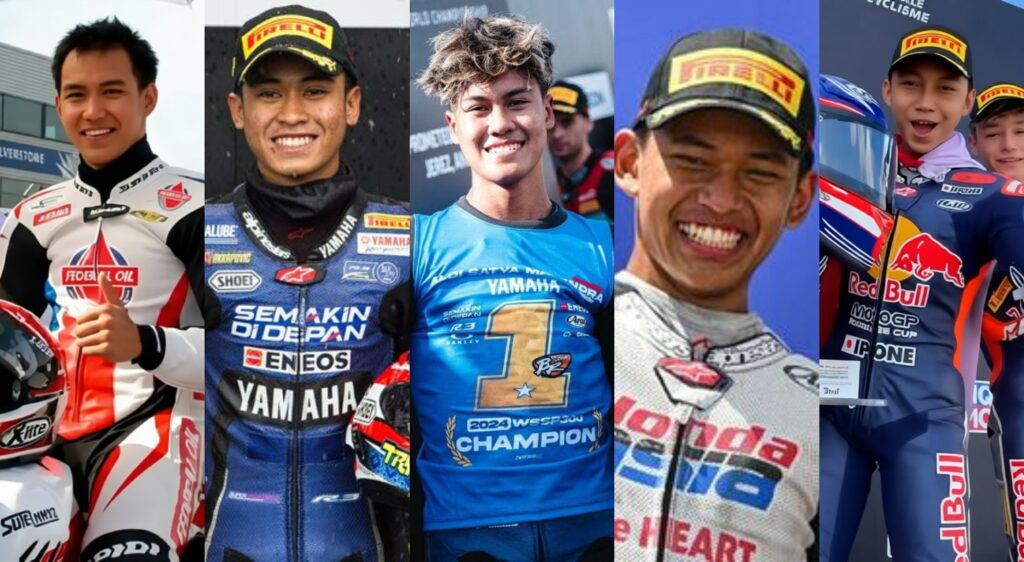 FormatFactoryPembalap asal Jogja - Mabur.co Six motorcycle racers posing in colorful racing suits and caps for photos on a collage.