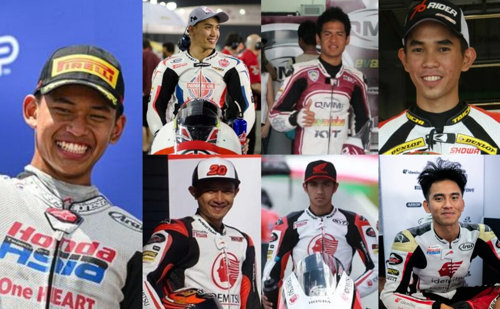 FormatFactorypembalap Indonesia di ajang GP - Mabur.co Collage of motorcycle racers in racing suits posing in paddocks, smiling at the camera.