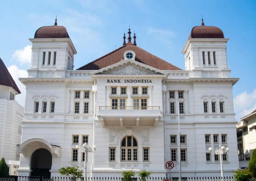 Front facade of Bank Indonesia building, a white neoclassical structure with red-tiled roof and decorative detailing under a blue sky
