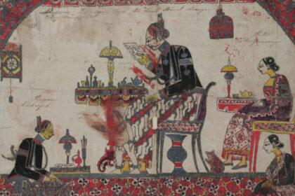 Traditional illustration of a man at a desk examining papers, a game board with pieces nearby, and attendants serving in a decorated chamber.