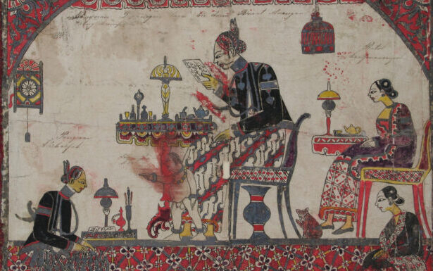 Traditional illustration of a man at a desk examining papers, a game board with pieces nearby, and attendants serving in a decorated chamber.
