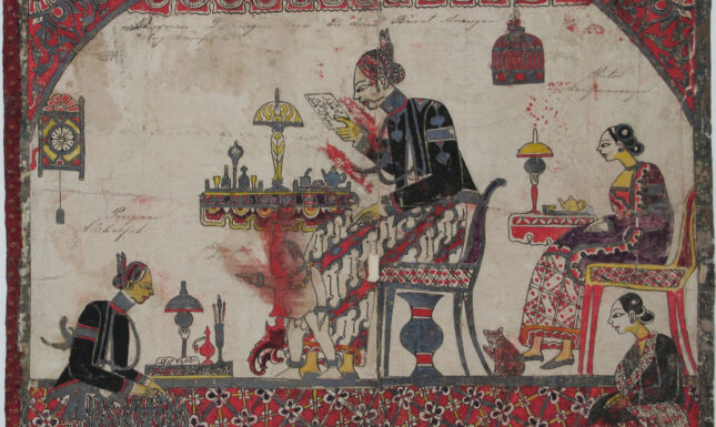 Traditional illustration of a man at a desk examining papers, a game board with pieces nearby, and attendants serving in a decorated chamber.