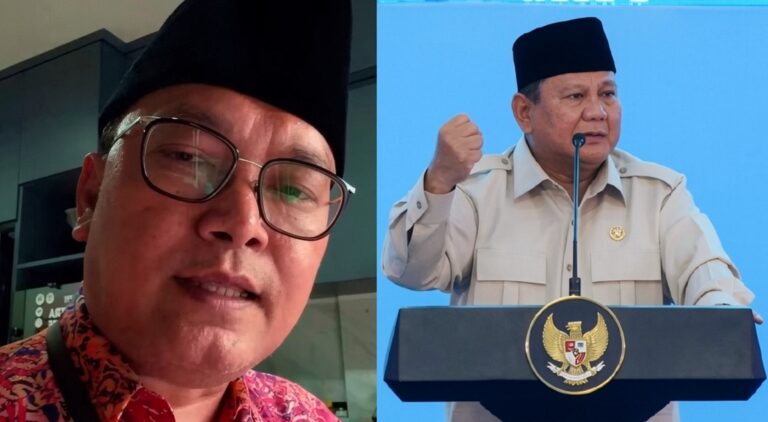Split image showing two men: left is a close-up portrait of a smiling man wearing glasses and a black cap; right is a man in a beige uniform giving a speech at a podium with a national emblem behind him.
