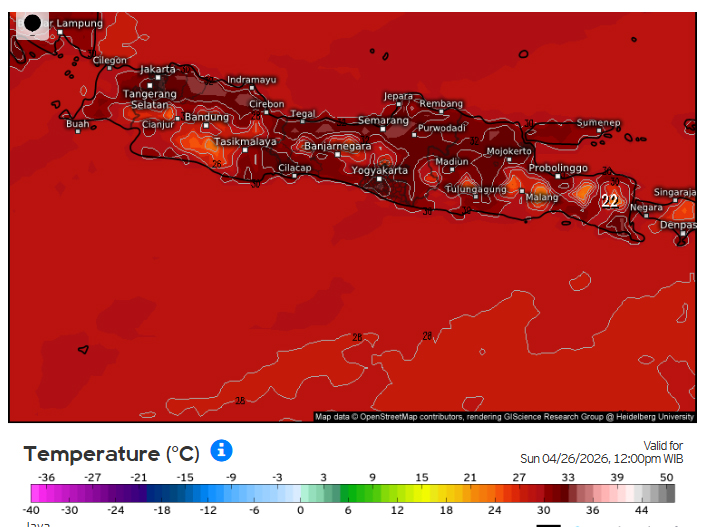 Weather map of Indonesia showing surface temperatures across the archipelago; color scale ranges from -36°C to 50°C with reds indicating higher temperatures; island names like Java, Sumatra labeled; timestamp Sun 04/26/2026, 12:00 PM WIB.