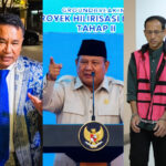 Man wearing a blue patterned suit and blue tie speaking outdoors. 2.panel context: second image shows an official in beige uniform at a podium delivering a speech with a blue backdrop. 3.panel context: third image shows a man in a green shirt with a pink safety vest, handcuffed and escorted by others.