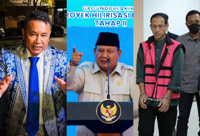 Hotman Paris Prabowo Nadiem - Mabur.co Man wearing a blue patterned suit and blue tie speaking outdoors. 2.panel context: second image shows an official in beige uniform at a podium delivering a speech with a blue backdrop. 3.panel context: third image shows a man in a green shirt with a pink safety vest, handcuffed and escorted by others.