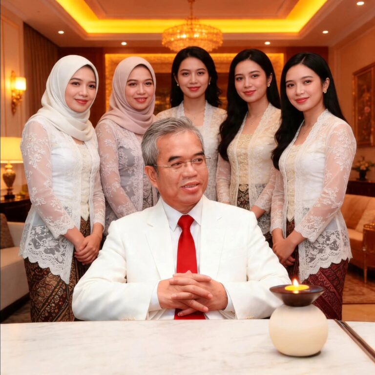 Man in a white suit with a red tie sits at a marble table, five women in lace dresses stand behind him in a warmly lit, luxurious room.