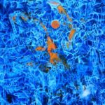 Abstract blue-toned artwork featuring an orange human silhouette emerging from swirling blue patterns.