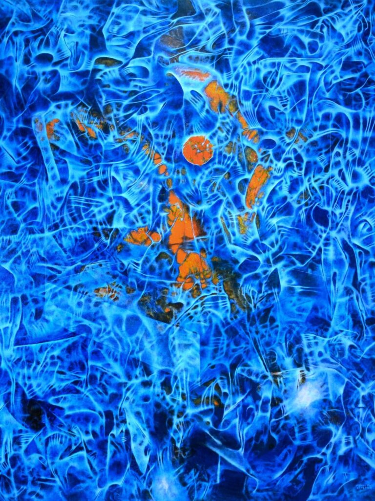 Abstract blue-toned artwork featuring an orange human silhouette emerging from swirling blue patterns.
