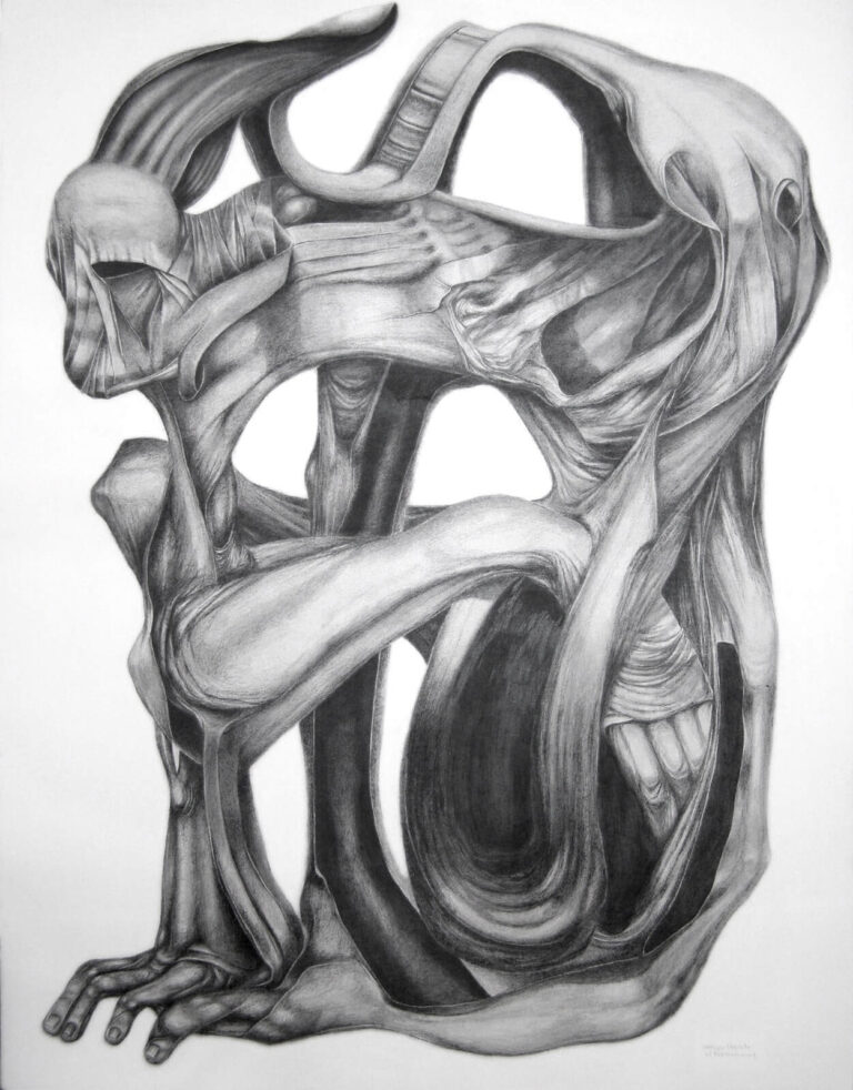 Detailed pencil anatomy drawing of a seated humanoid figure with muscles and tendons exposed, skin removed to reveal underlying musculature.