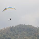 Paraglider with a colorful canopy flying above a forested hillside on a cloudy day.