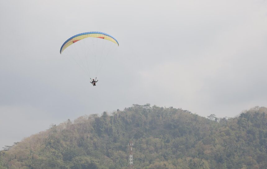 Paraglider with a colorful canopy flying above a forested hillside on a cloudy day.