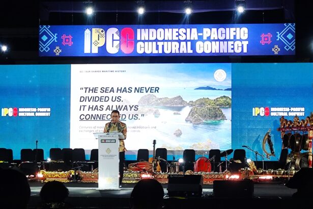 Speaker at a podium on stage with a large Indonesia-Pacific Cultural Connect banner above and audience silhouettes in front.