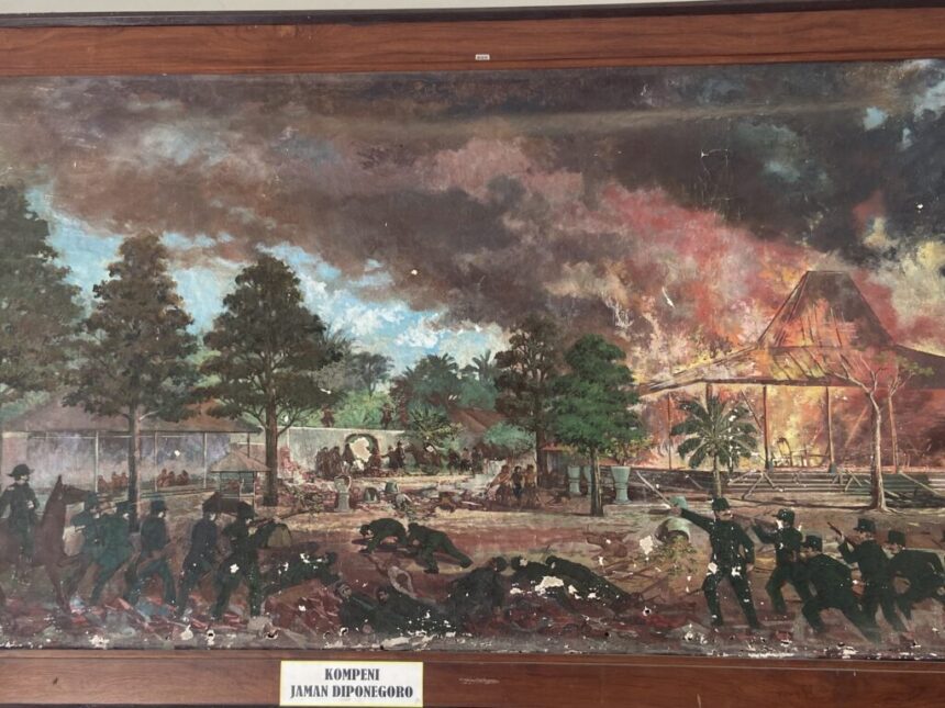 Battle scene in a tropical garden: soldiers fire, people flee, and a thatched pavilion burns in the background.