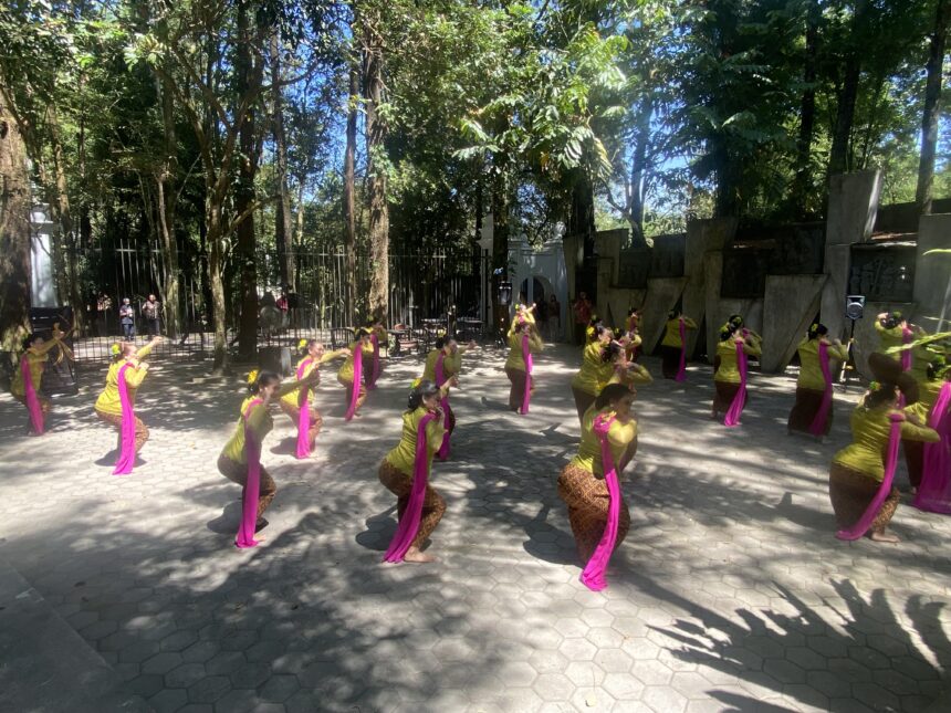 Women dancers in yellow outfits with pink sashes perform a choreographed routine outdoors among trees, with a fence and audience in the background.