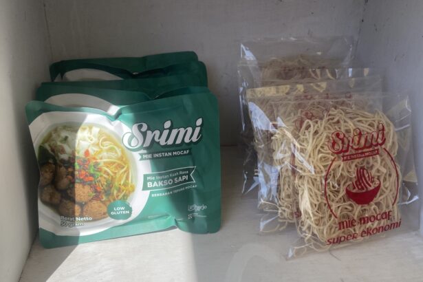 Green Snimi instant noodle package on the left and a clear bag of raw noodles on the right in a freezer.