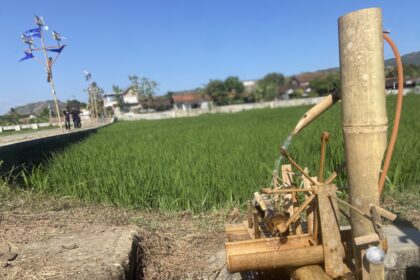 Close-up of a traditional bamboo water pump in a rice field, with a village and blue sky in the background.