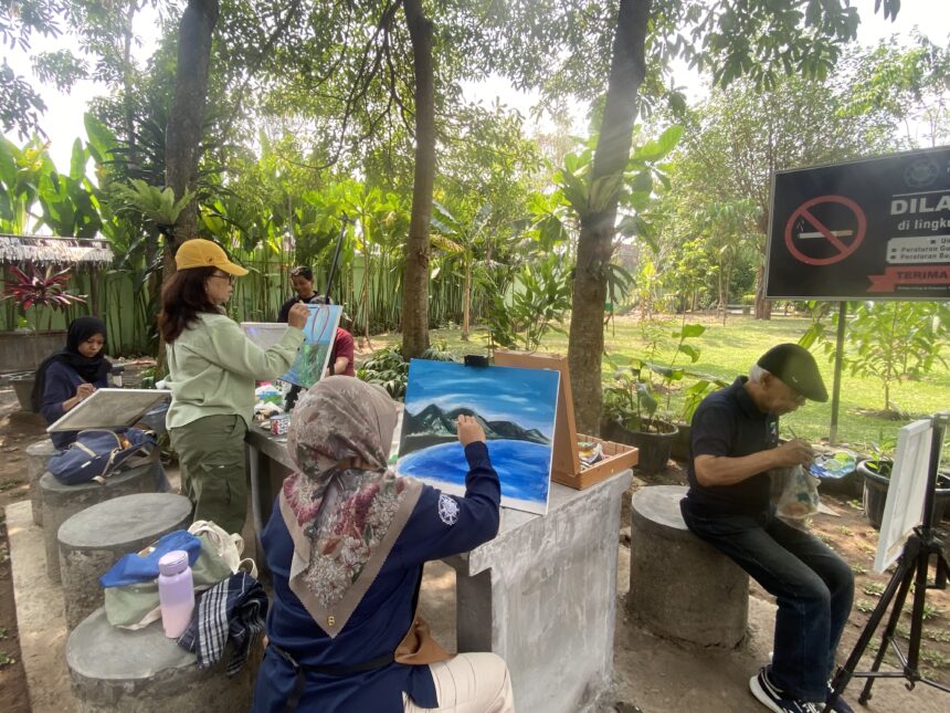Outdoor painting workshop with people painting on easels among trees and plants in a garden setting.