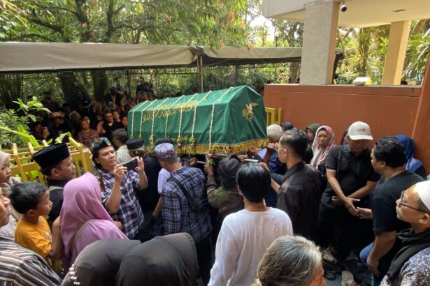 Green coffin draped with tassels being carried through a crowded outdoor procession by mourners holding phones and people watching.