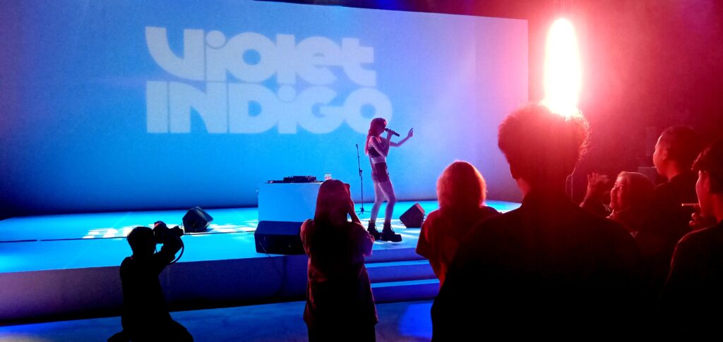 Singer on stage with a microphone under blue lighting; audience silhouettes in foreground and a backdrop reading 'Violet Indigo'.