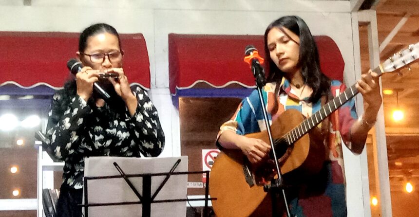Two women perform on a small stage: left harmonica player with glasses, right singer-guitarist at a microphone.