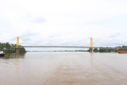 Suspension bridge with yellow towers spanning a wide, muddy river during high floodwaters. On- and off-ramps are barely visible on the banks.