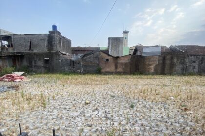 Dry, stubbled field in foreground with weathered brick buildings and a decorative tall clock-tower on the horizon under a blue sky.