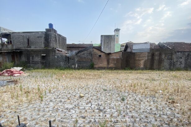 Dry, stubbled field in foreground with weathered brick buildings and a decorative tall clock-tower on the horizon under a blue sky.
