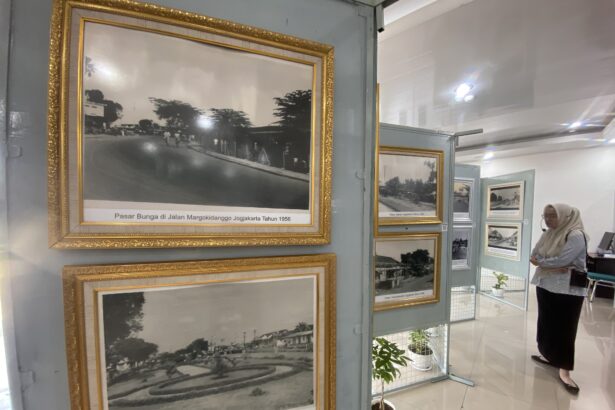 Ornate gold-framed black-and-white photos on a gray display wall in a museum, with a visitor in hijab standing nearby.