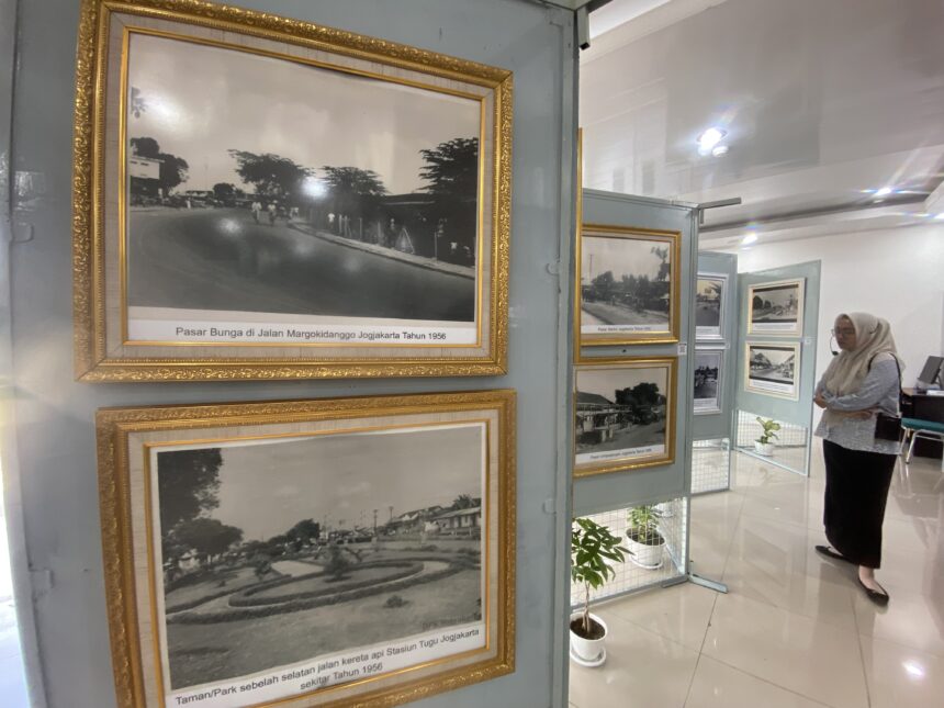 Ornate gold-framed black-and-white photos on a gray display wall in a museum, with a visitor in hijab standing nearby.