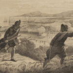 Colonial soldiers on a hill firing muskets and a cannon at a coastal fort, with ships in the bay and smoke from batteries nearby.