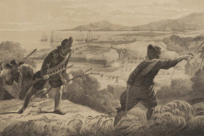 Colonial soldiers on a hill firing muskets and a cannon at a coastal fort, with ships in the bay and smoke from batteries nearby.