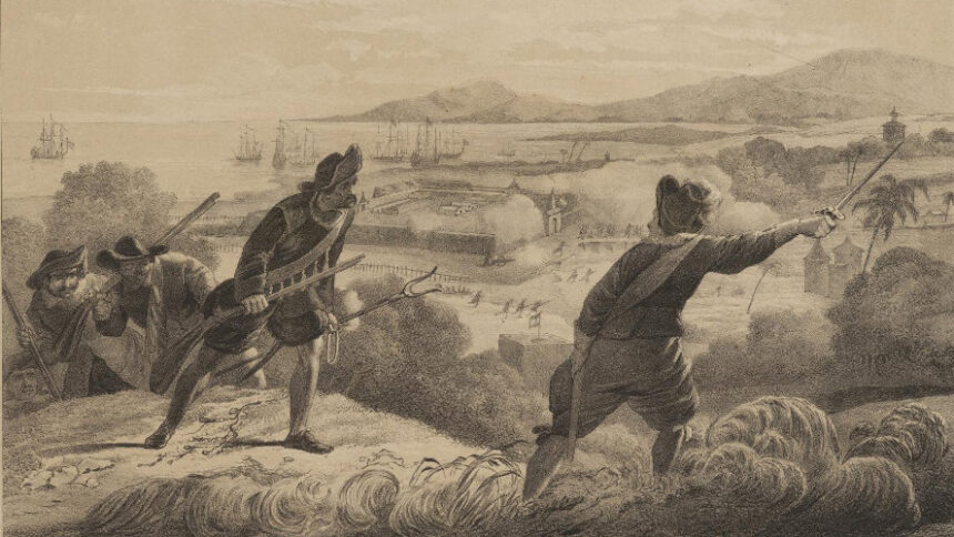 Colonial soldiers on a hill firing muskets and a cannon at a coastal fort, with ships in the bay and smoke from batteries nearby.