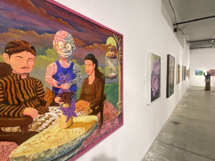 Large colorful painting of people in striped clothing hanging on a white gallery wall, with a pink frame; other artworks line the corridor.