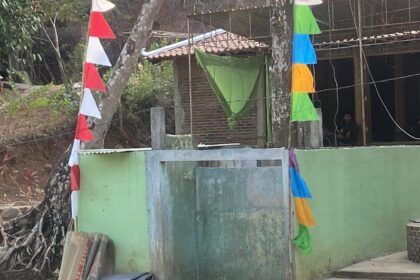 Green wall with a doorway, a brick structure, and colorful triangular fabric flags strung along a line outside.