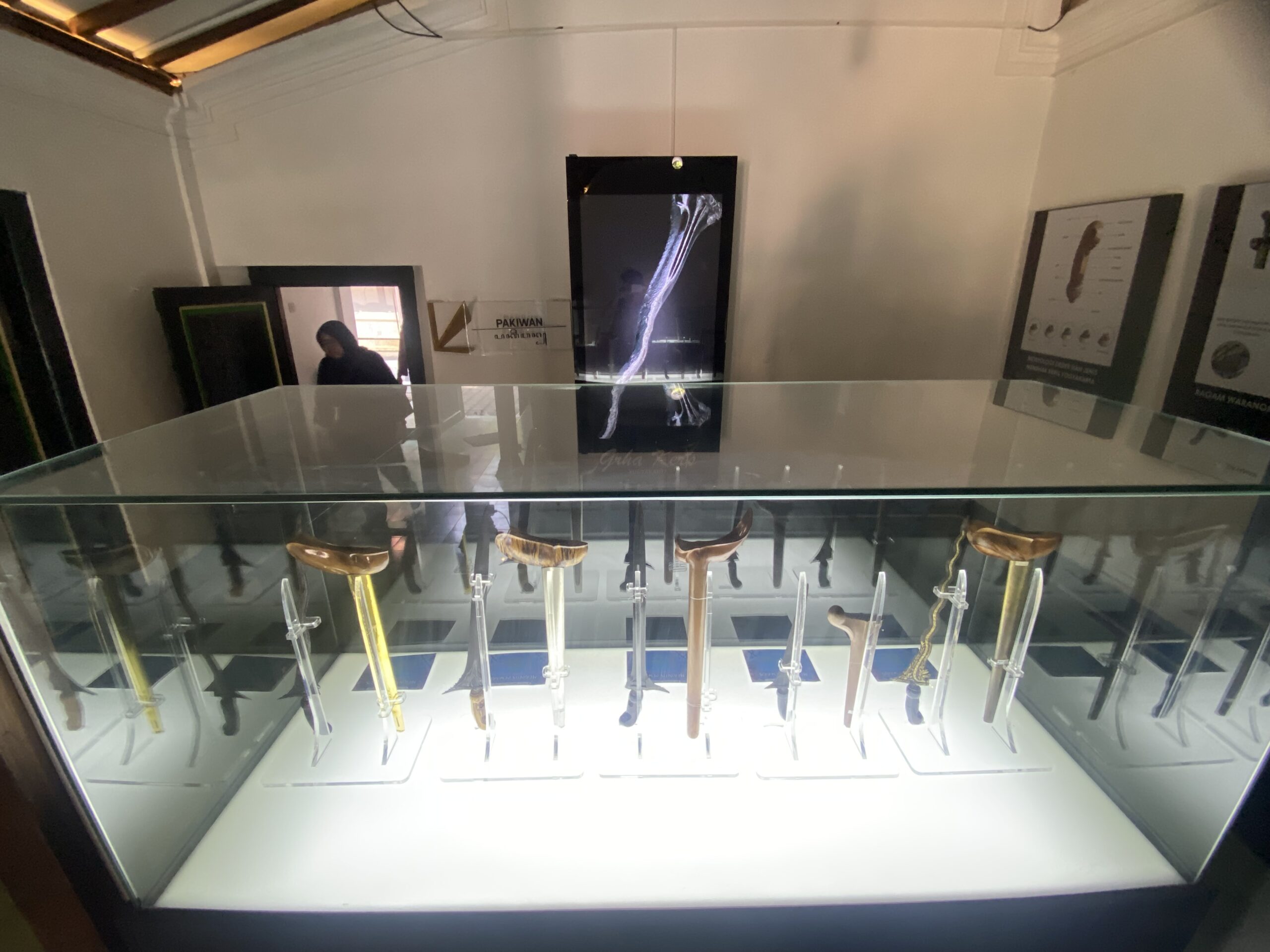 Glass display case holding a row of curved-blade daggers on clear stands in a museum exhibit set-up.