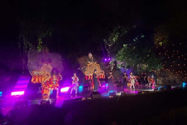Group of performers in bright, patterned costumes on a lit outdoor stage at night, with purple stage lights and trees in the background.