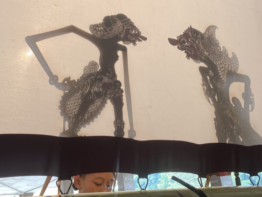 Two intricately carved dragon silhouettes hanging as wall art, with a person visible below.