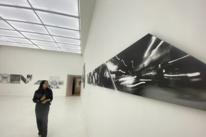 A woman in black stands in a white gallery, looking at large black-and-white panel art along the wall.