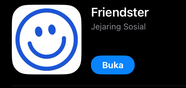 Friendster app listing with a blue smiley icon, the title 'Friendster' and subtitle 'Jejaring Sosial', and a blue 'Buka' button.