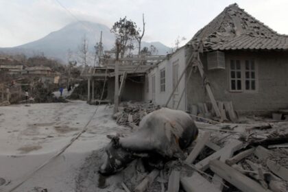 Destroyed village street with collapsed roofs, rubble, and distant mountains; signs of severe disaster.