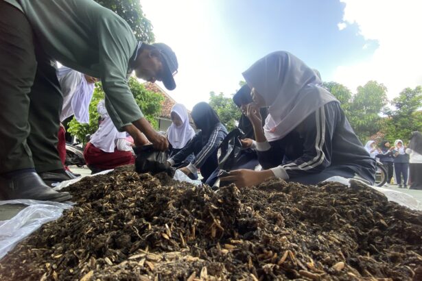 Students in uniforms kneeling around a large pile of mulch, planting outdoors with a teacher or adult guiding them.