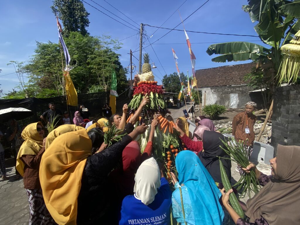IMG_8454 - Mabur.co People in colorful outfits lift a tall fruit-and-vegetable tower featuring a pineapple and red peppers during a street celebration, with festive flags overhead.