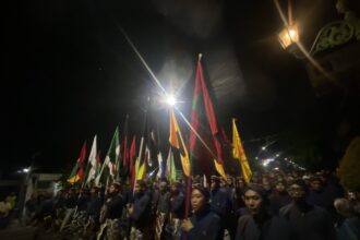 Row of uniformed marchers carrying colorful flags during a night parade along a street, with a large crowd watching.