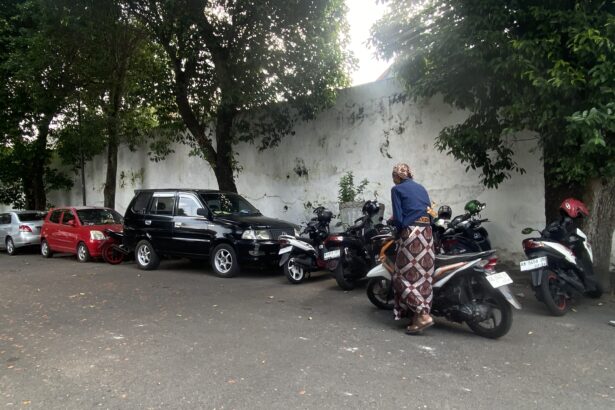 Parking lot with cars and many motorcycles beside a white wall, shaded by trees, and a person in a blue top and patterned skirt near the bikes.