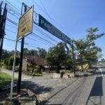 Street view with utility poles and many overhead power lines beside a paved road and blue sky, tropical trees visible in the background.